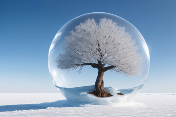Wall Mural - Snowy tree in a winter landscape with a frozen road and blue sky