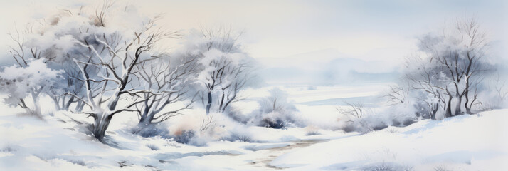 Wall Mural - Winter landscape with snow covered ground and trees. Watercolor painting.