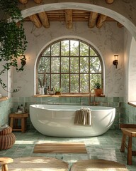 White bathtub in rustic bathroom with garden view.