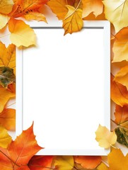 Poster - Create your own autumn masterpiece with a white frame surrounded by colorful fall leaves. Generative AI