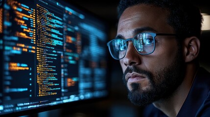 Focused coder works late, debugging code, dark office