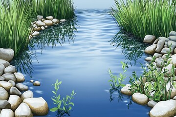 Wall Mural - Serene Riverbank Scene with Stones and Plants