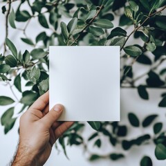 Poster - Hand holding a blank square paper among green leaves for creative mock up and text placement. Generative AI