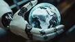 © dominic - Robotic Hand Gently Holds Futuristic Digital Earth Globe