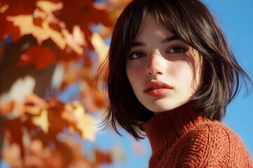 Wall Mural - Autumn Woman Portrait  Freckles  Brown Hair  Sweater