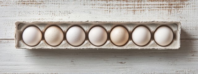 Close-up view of raw chicken eggs in egg box on white wooden background