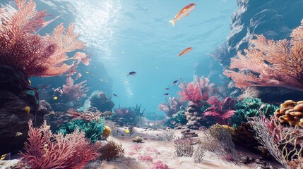 Canvas Print - Vibrant coral reef underwater scene with diverse fish.