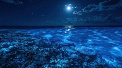 Canvas Print - Moonlit ocean scene with glowing coral reef at night.