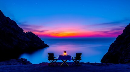Wall Mural - Romantic Candlelit Dinner for Two on a Secluded Beach at Sunset with a Breathtaking View of the Ocean and Scenic Mountains in the Background
