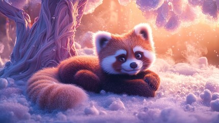 Wall Mural - Adorable red panda resting under a snowy tree at sunset.