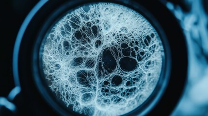 Intricate web-like structure, bubbly, dark background.