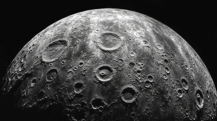 cratered celestial body, grayscale, dark background.