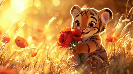 Wall Mural - Cute tiger cub holding red poppies in sunset field.