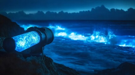 Poster - Night ocean scene, glowing device on rocks.