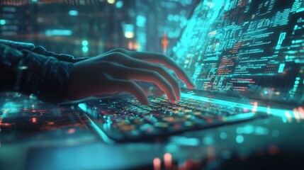 Coder typing code on laptop, futuristic city backdrop, cybersecurity concept