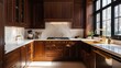 © Elmin - A cozy kitchen with dark wood cabinetry, brass handles, and soft under-cabinet lighting for a warm atmosphere.