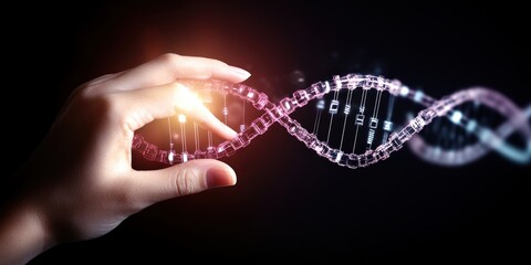 Hand holding DNA strand; genetic research; dark background; science concept