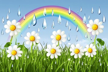 Wall Mural - Rainbow, Rain, and Daisies in a Meadow