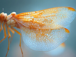 Close-up of an insect's translucent orange wings with intricate venation.