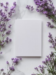 Leinwandbilder - Elegant lavender flowers frame a blank white sheet on a marble surface for creative mock up purposes. Generative AI