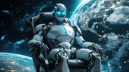 Advanced Robot, Futuristic Throne, Earth, Space, Technology, AI, Cyborg, Scifi, Digital Art, Innovat