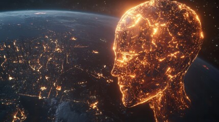 Wall Mural - Global Network, Humanoid AI, Earths City Lights, Digital Brain