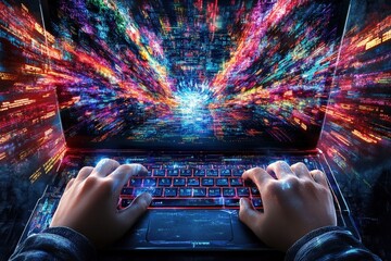 Coder's hands typing on laptop, digital code streams, futuristic background