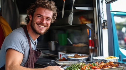 Smiling man in apron working in food truck serving delicious food. Portrait of happy small business owner