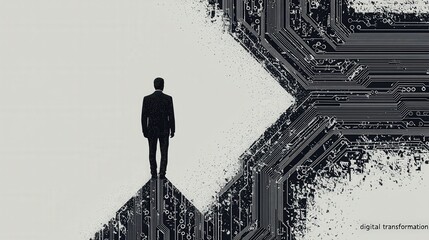 Businessman facing digital future, circuit board background; website banner