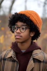 Wall Mural - Teenager Boy Autumn Portrait  Curly Hair  Glasses  Knit Hat