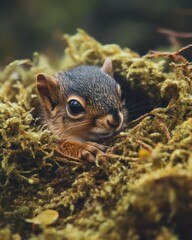 Baby squirrel resting moss nest forest wildlife