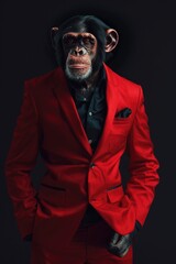 Poster - Monkey wearing a red suit and black shirt. The monkey is standing in front of a black background