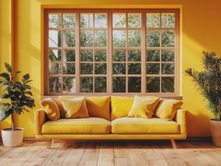 Wall Mural - A modern living room featuring a yellow couch, sunlit windows with a neutral color scheme that creates a bright and comfortable space for relaxation.