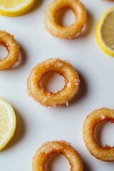 Wall Mural - A colorful display of donuts topped with sugar and lemon slices, perfect for food photography or advertising