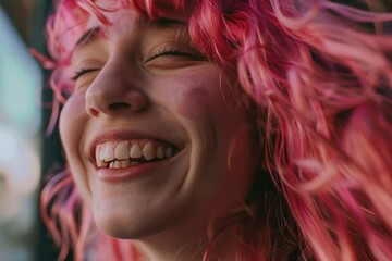 A young woman with vibrant pink hair, smiling brightly and showing her teeth.