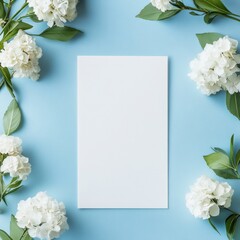 Poster - Blank card surrounded by white flowers on a light blue background for customizable text or messages. Generative AI