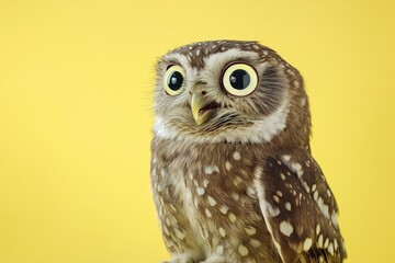 Wall Mural - A close-up shot of an owl sitting on a bright yellow background