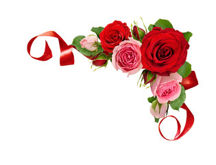 Wall Mural - Red and pink rose flowers with green leaves and silk ribbon in a corner arrangement isolated on white or transparent background