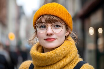 Wall Mural - Young Woman in Yellow Knitwear and Glasses  City Street Portrait