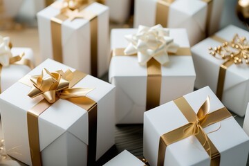 Wall Mural - Festive white gift boxes adorned with gold ribbons and bows for the holiday season