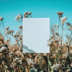 Leinwandbilder - Blank paper in a field of flowers under a clear blue sky provides a perfect space for text and creativity. Generative AI