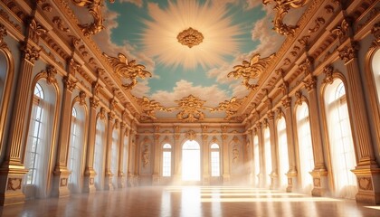 magnificent rococo-style ballroom with a painted sky ceiling, gold accents, and grand arched windows