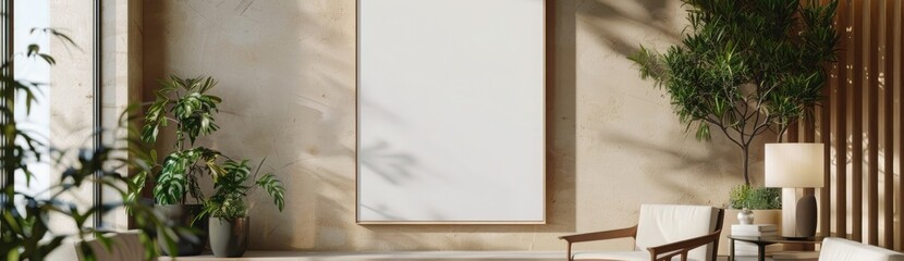 Wall Mural - An empty vertical rectangle frame mockup in the lobby of a hotel, with some plants and modern furniture around it