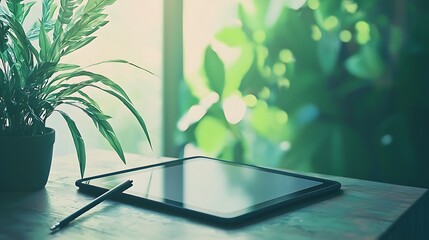 Wall Mural - Tablet Stylus Plant Peaceful Workspace Scene