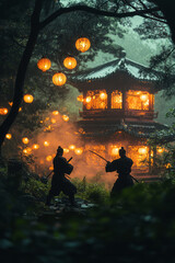 Wall Mural - A nighttime training session illuminated by lanterns, where fighters hone their skills in shadow and light,