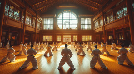 Poster - An aerial view of a large training hall filled with practitioners performing a coordinated group kata,