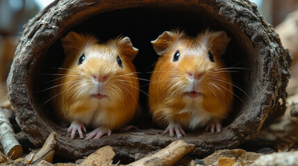 Aufkleber - A pair of guinea pigs exploring their elaborate cage setup, complete with tunnels and hideouts,
