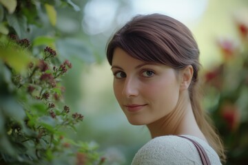 A young woman stands in front of a bush, possibly collecting leaves or enjoying nature