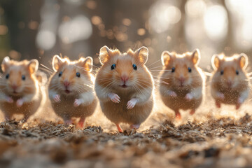 Aufkleber - A group of hamsters running energetically on their wheel in a well-maintained cage with soft bedding,