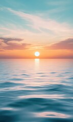 Leinwandbilder - Serene sunset over calm ocean waters with clear sky and soft clouds providing space for text or message. Generative AI